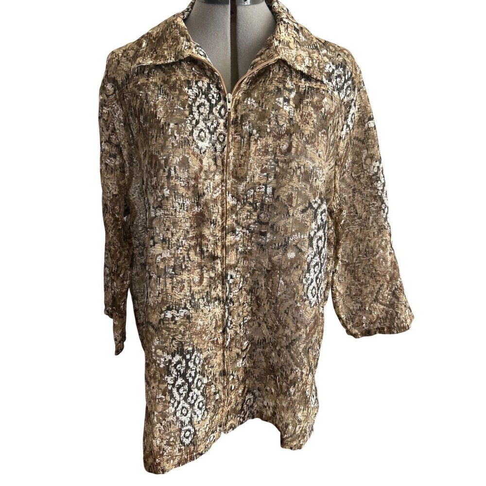 BonWorth Womens Sheer Brown & Black Abstract Print Zip-Up Top Size Medium